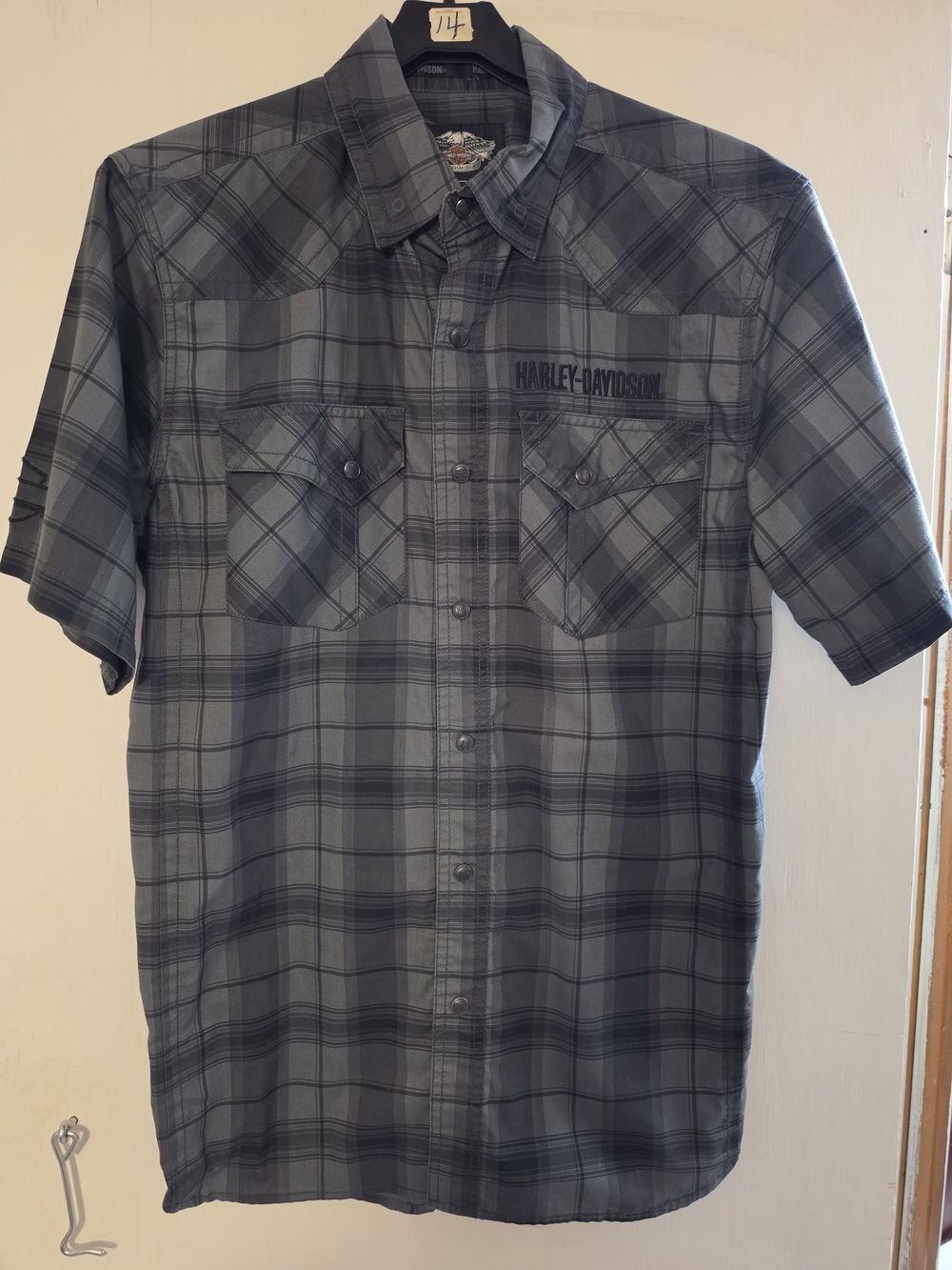 Harley-Davidson Men’s Black and Gray Plaid Short Sleeve Button-Down Shirt